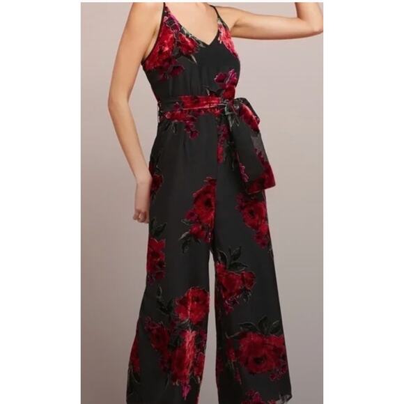 Anthropologie Ett Twa burnout velvet black red holiday jumpsuit. Small - Picture 2 of 4
